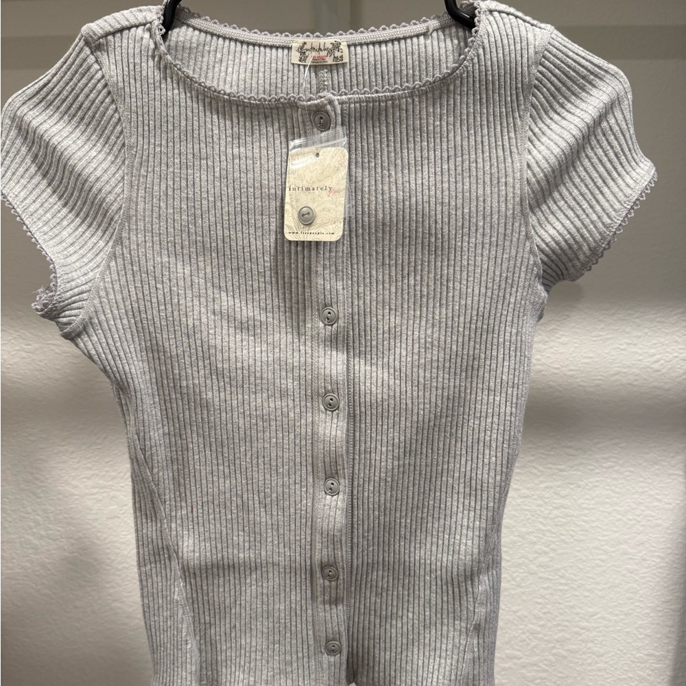 Free People Light Gray Ribbed Button-Down Shirt